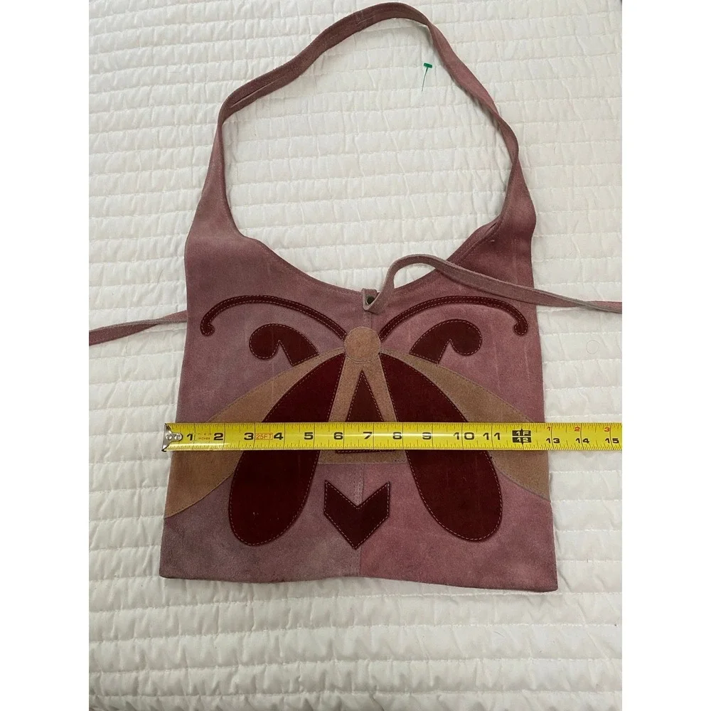 Vintage 70s Suede Leather Butterfly Purse Mauve Applique Dolly Boho Shoulder Bag